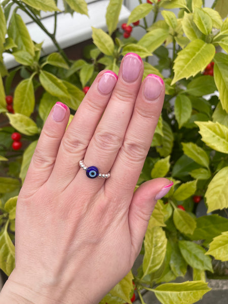 Sterling Silver Evil Eye Blue Bead Ring