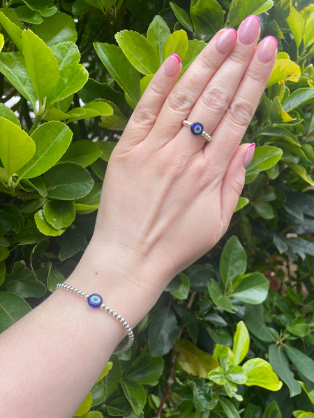 Sterling Silver Evil Eye Blue Bead Ring