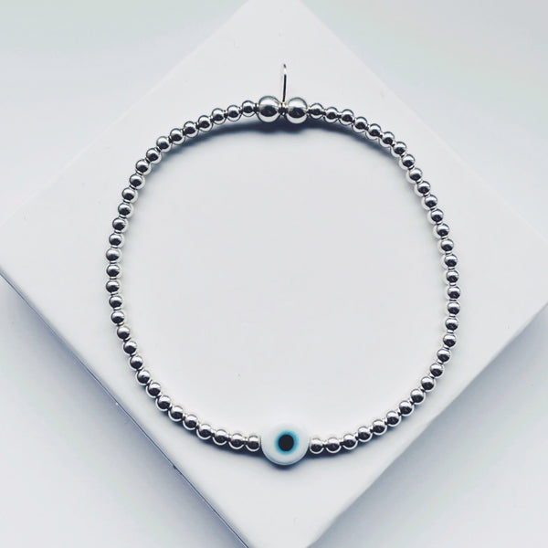 Sterling Silver Evil Eye White Bead Bracelet