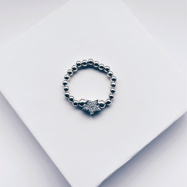 Sterling Silver CZ Star Bead Ring
