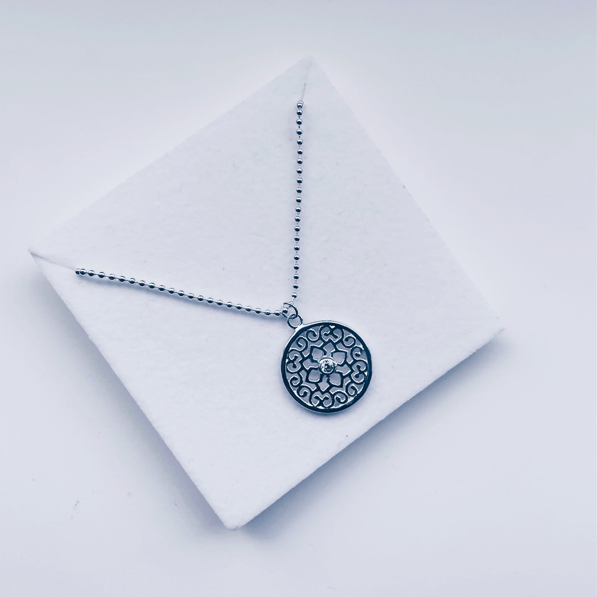 Sterling Silver Mandala Round Disc Long Necklace