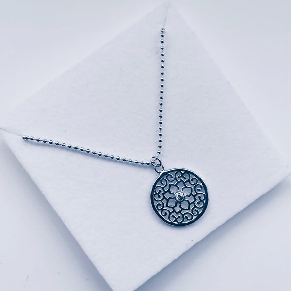 Sterling Silver Mandala Round Disc Long Necklace