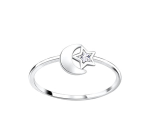 Sterling Silver Star Moon Crystal Ring