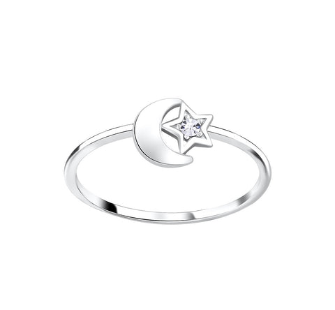 Sterling Silver Star Moon Crystal Ring