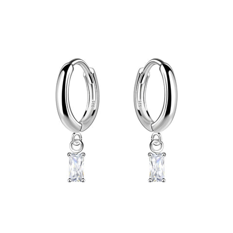 Sterling Silver Cubic Zirconia Baguette Drop Huggie Earrings