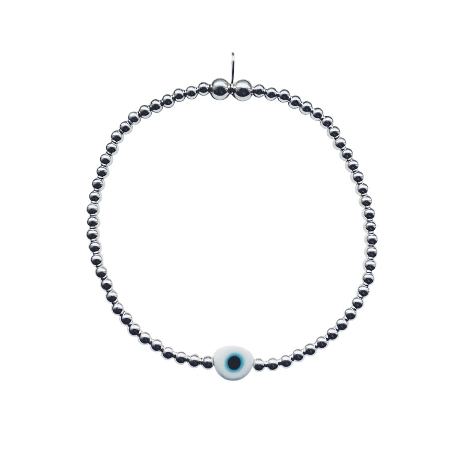 Sterling Silver Evil Eye White Bead Bracelet