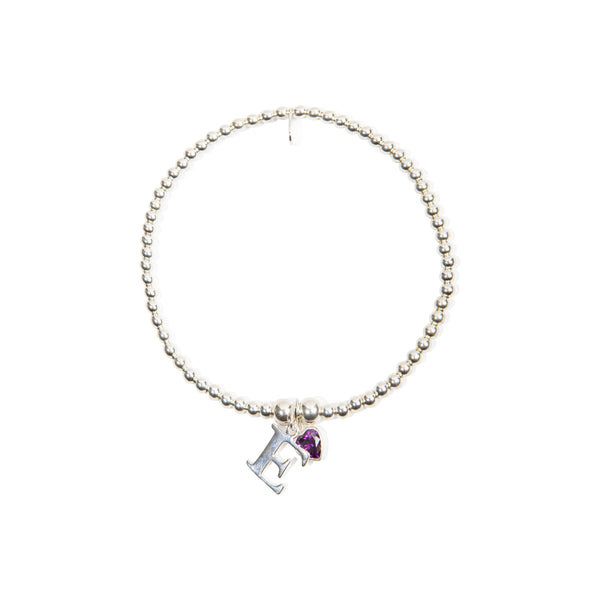 Initial Charm & Heart Birthstone Bracelet - Sterling Silver