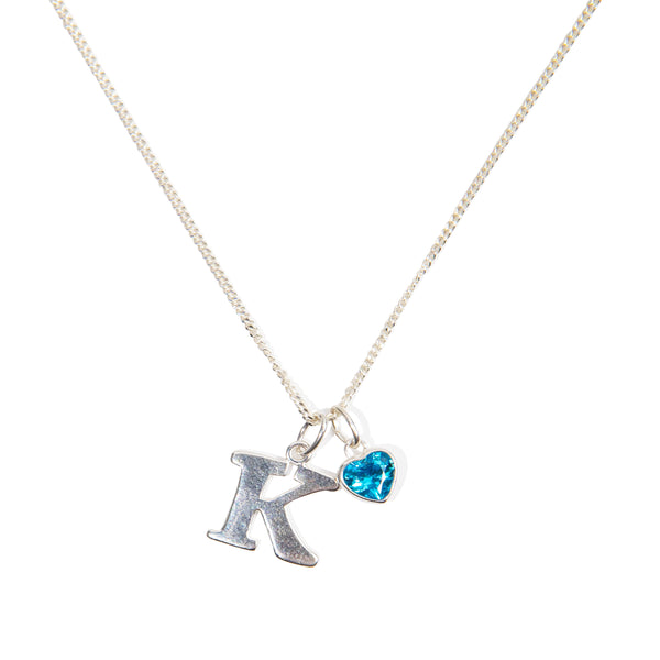 Initial Charm and Heart Birthstone Necklace - Sterling Silver