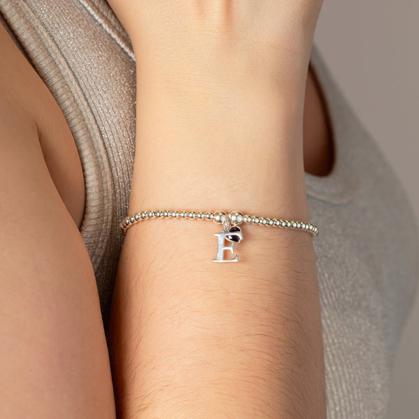 Initial Charm & Heart Birthstone Bracelet - Sterling Silver