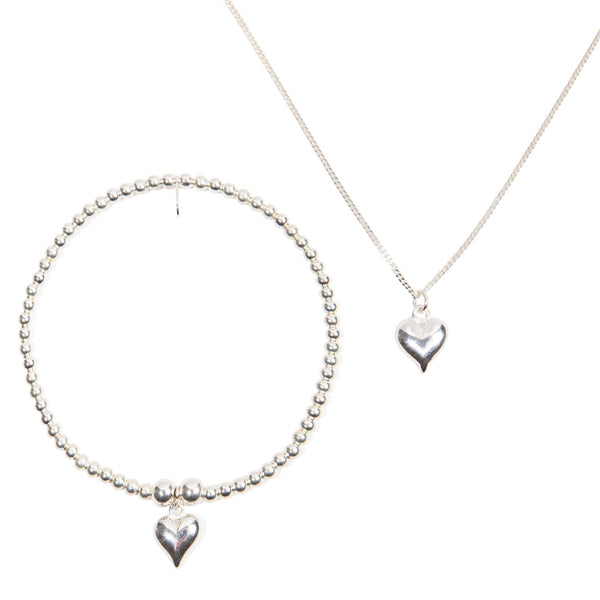 Love Heart Bracelet & Necklace Set - Sterling Silver