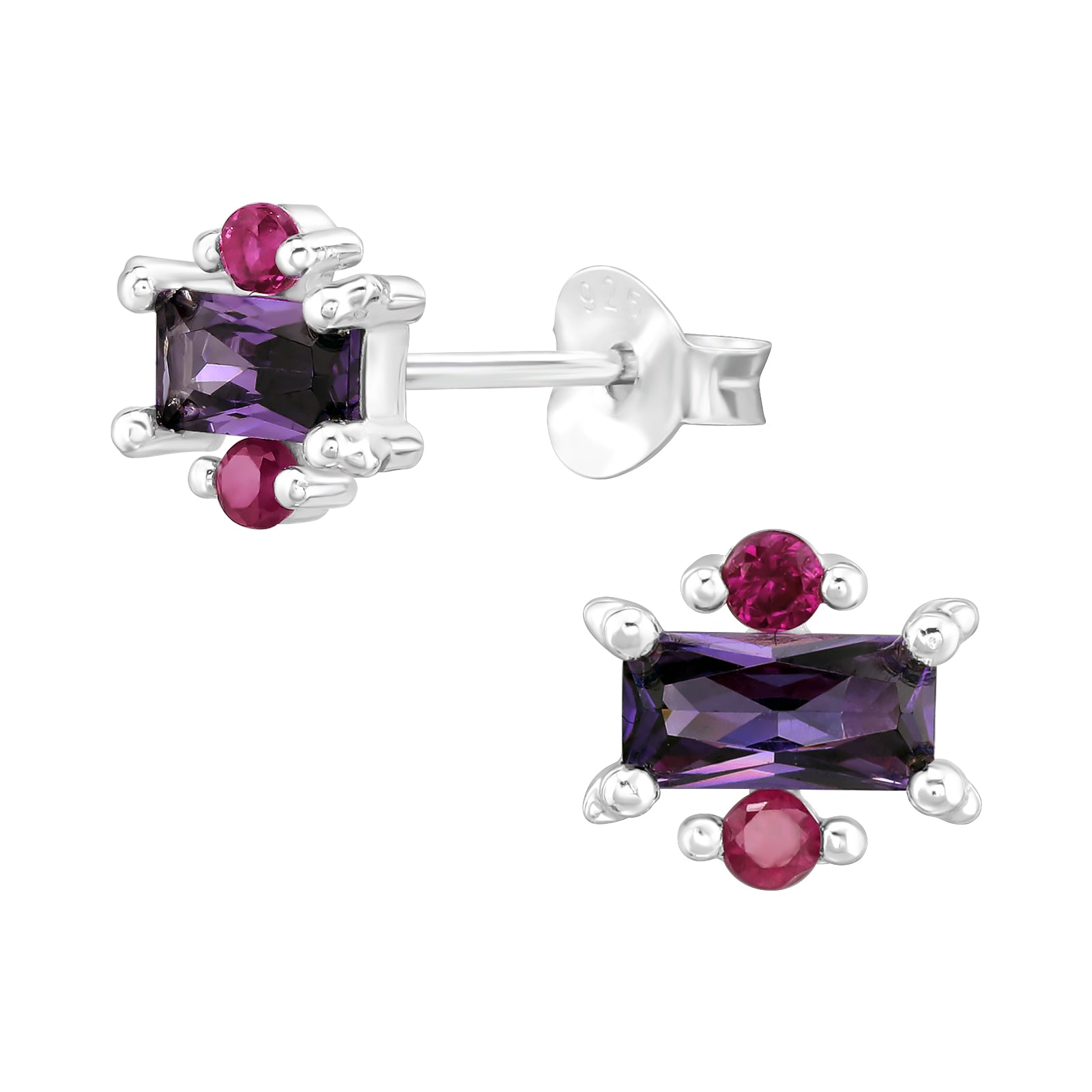 Sterling Silver Baguette & Round Stud Earrings