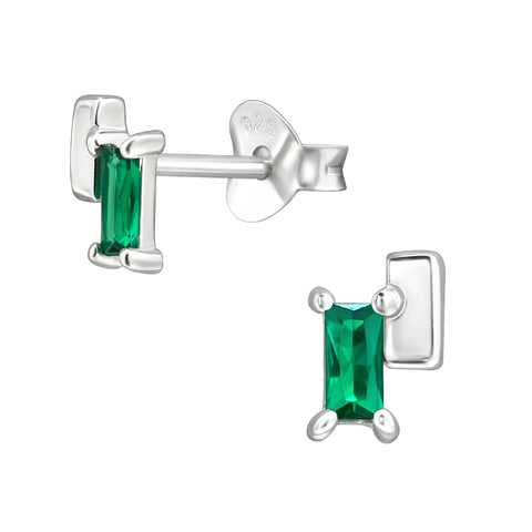 Sterling Silver Green Baguette Stud Earrings