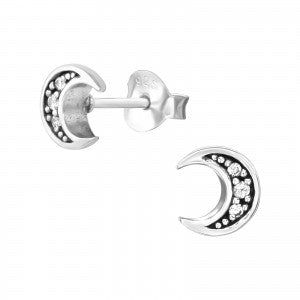 Sterling Silver CZ Moon Stud Earrings
