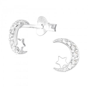 Sterling Silver CZ Moon & Star Stud Earrings