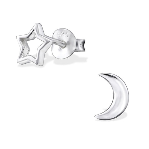 Sterling Silver Moon & Star Stud Earrings