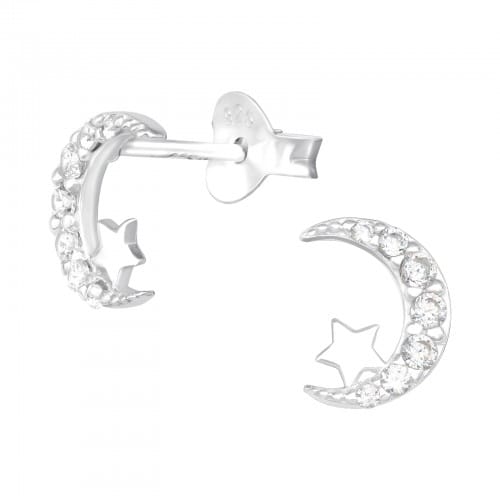 Moon & Star Cubic Zirconia Stud Earrings - Sterling Silver Earrings With Love Beckie